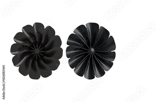 Black, glossy turbine blades reflect light, creating a futuristic backdrop for technology branding, video backgrounds, or digital design projects.