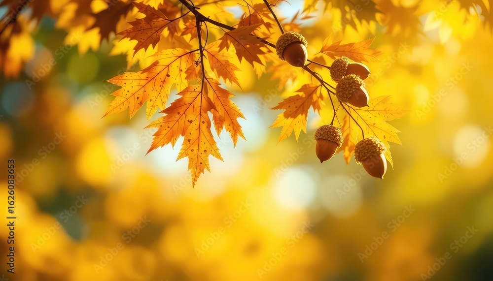 Obraz premium Golden hued foliage and acorns in an autumnal scenery with the sun shining with soft and warm light behind them