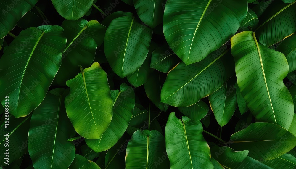 Fototapeta premium Lush Green Foliage Displaying a Variety of Broad Leaf Tropical Plants Creating an Inviting Natural and Refreshing Botanical Backdrop