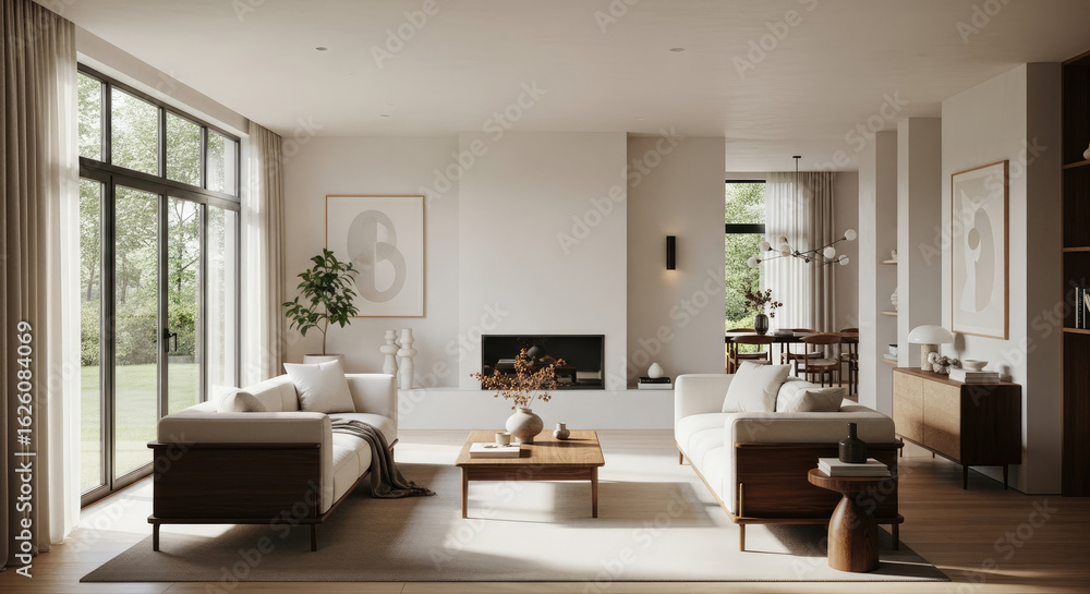 Modern living room interior featuring sofas, fireplace, and large windows with natural light.