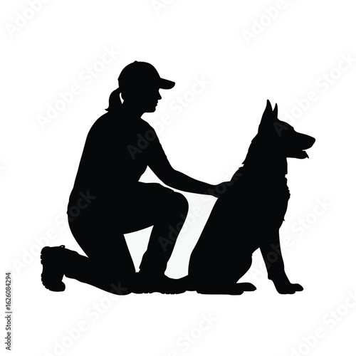 Vector art of silhouette of a woman with her dog isolated on white background, showing the bond and friendship between a pet owner and her canine friend