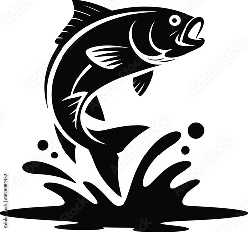 Dynamic black silhouette of a large bass fish leaping out of water with splashing waves