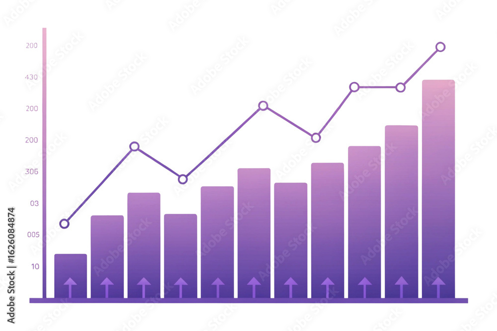 Obraz premium Purple bar graph with line chart showing upward trend isolated on transparent background