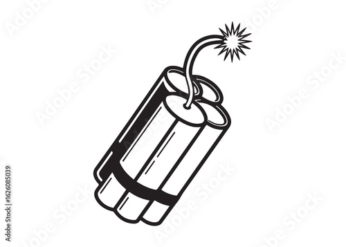 Burning Dynamite Stick Silhouette with Fuse in Bold Flat Vector Explosive Symbol Style.