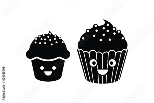 Vector art of two adorable cupcakes with smiling faces isolated on white background, perfect for adding a touch of sweetness to any design project