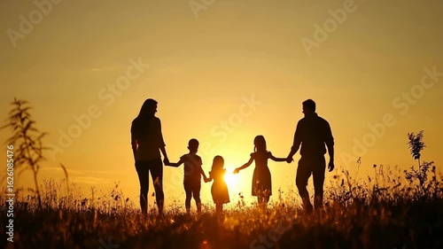 Family: father, mother, daughter and son walk hand in hand across a meadow on the grass at sunset in summer
