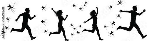 A large collection of black silhouettes on a white background, featuring diverse children in various poses (jumping, sitting, with parents or strollers), along with adult figures,
