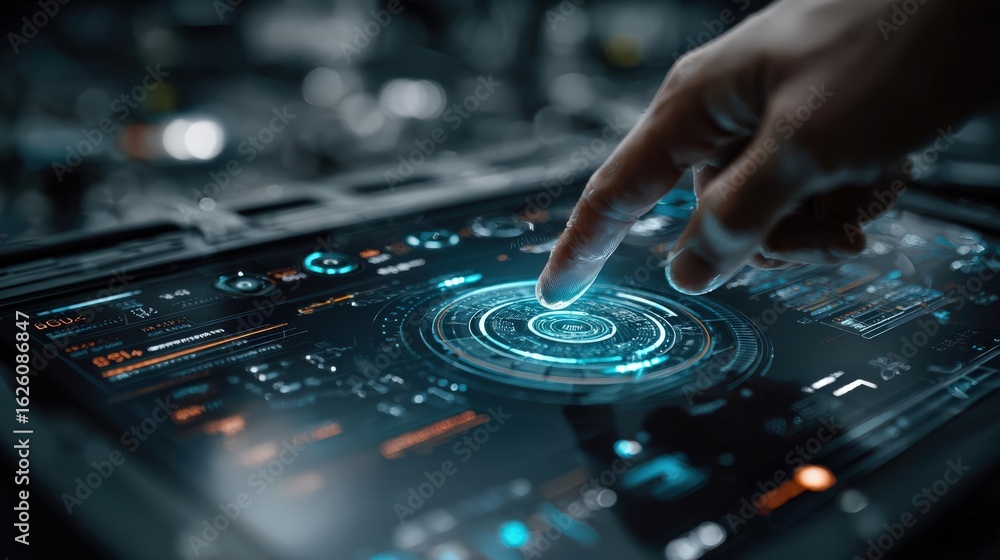 Obraz premium High-angle view of a digital interface, featuring a sleek AI assistant hologram guiding an engineer, industrial tech aesthetics enriched with CG 3D elements