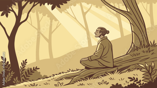 Meditation in nature illustration of man meditating under tree in forest for mindfulness and relaxation art