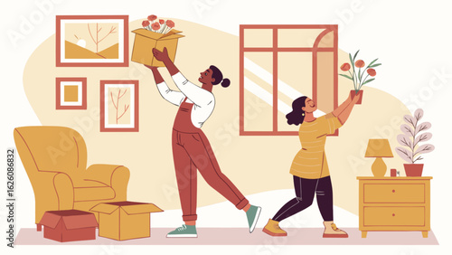 Moving company services illustration of people relocating and unpacking in a new home apartment