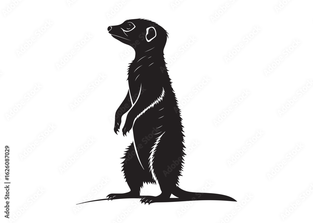 Obraz premium Silhouette of a Standing Meerkat in Alert Pose on White Background Vector Style.
