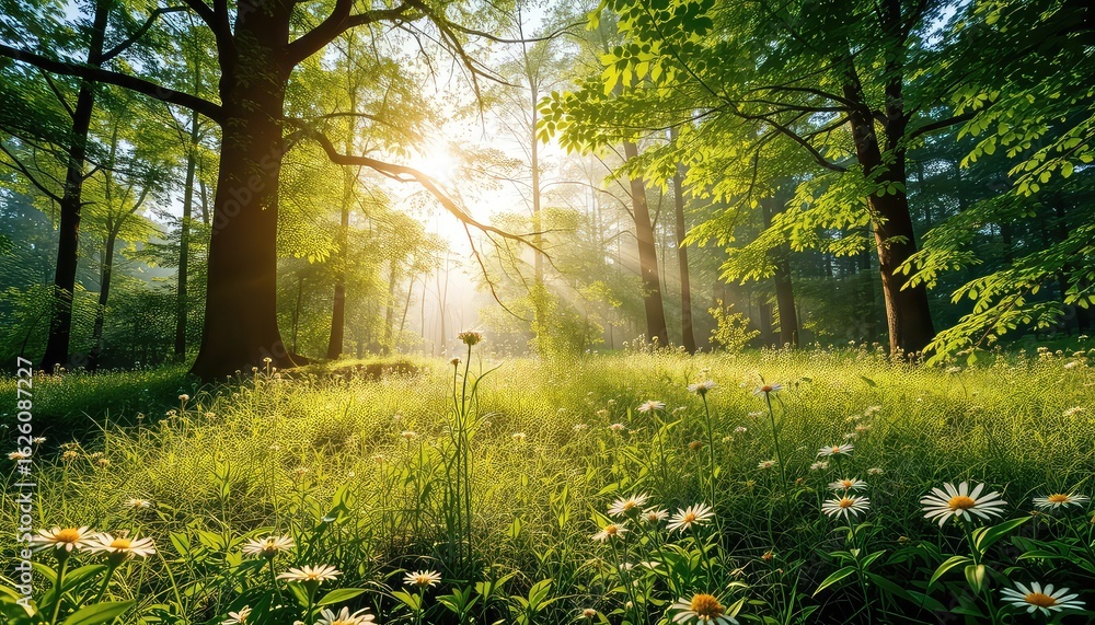 Fototapeta premium Lush green meadow with daisy flowers bathed in the warm glow of morning light filtering through the dense forest trees