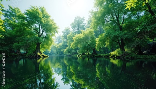 Serene waters reflect lush green trees forming a tranquil forest landscape on a peaceful sunny day in the outdoors