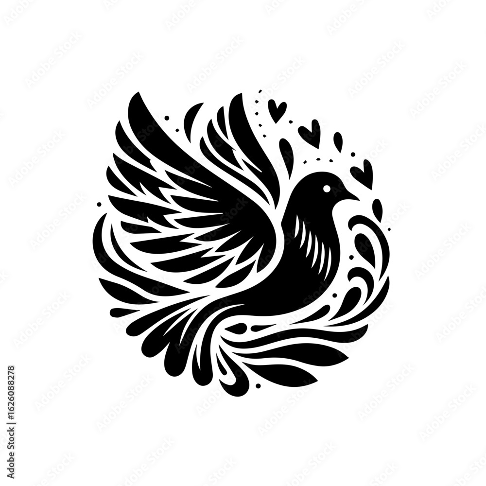 Obraz premium Stylized Black Dove with Hearts and Swirls.