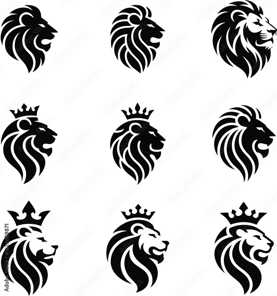 Fototapeta premium Collection of majestic lion head icons with elaborate manes and crowns in a distinctive silhouette style