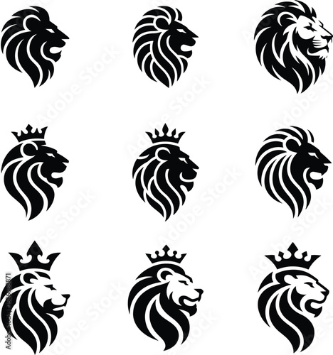 Collection of majestic lion head icons with elaborate manes and crowns in a distinctive silhouette style