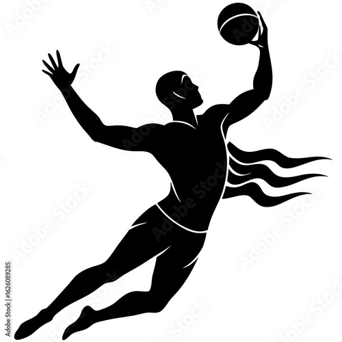 Athletic man throwing ball black silhouette water polo