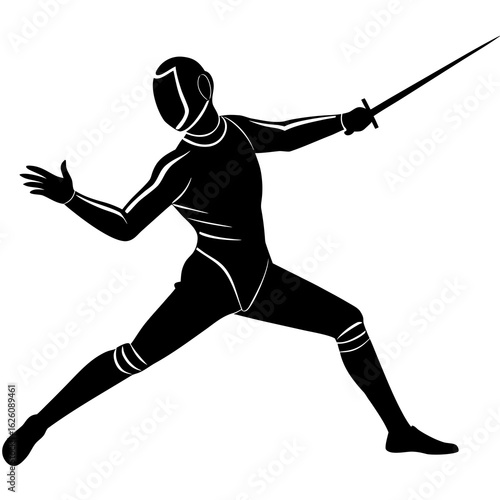 Black fencer lunging with sword fencing sport