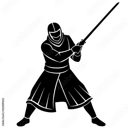 Black kendo fighter with sword white