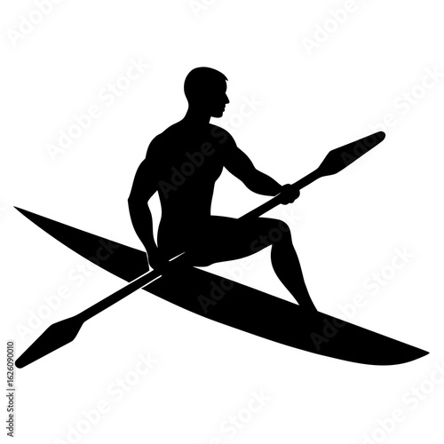 Black silhouette of kayaker paddling white