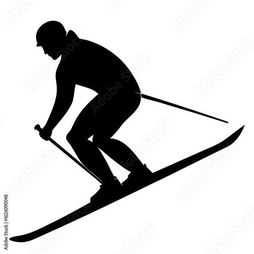 Black silhouette of skier descending slope skiing