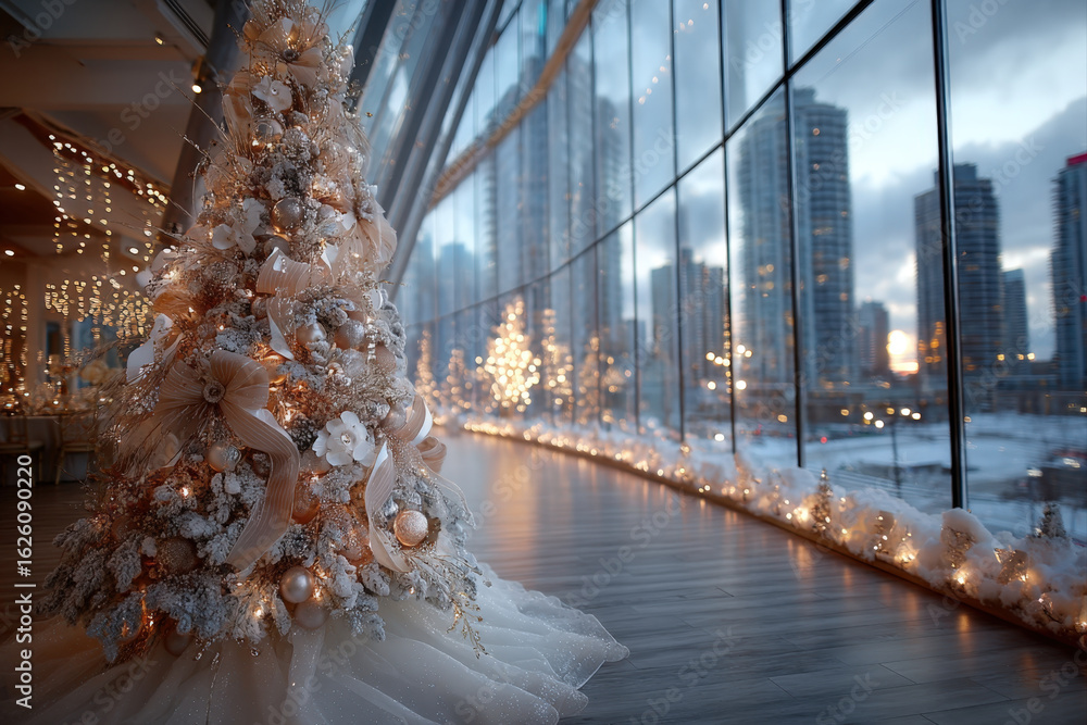 Fototapeta premium Elegant christmas tree with crystal ornaments and gold ribbons in luxury penthouse
