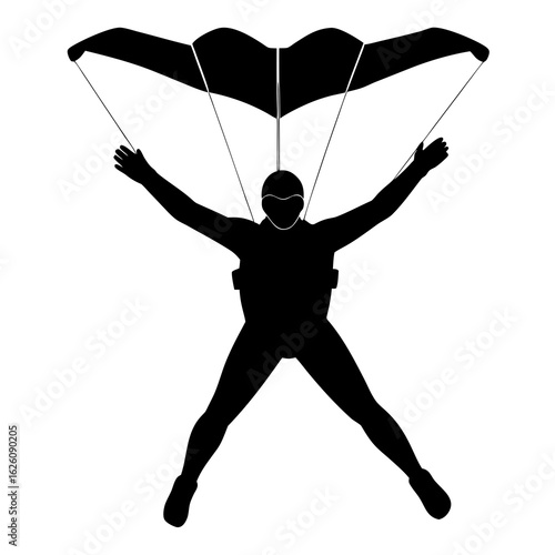 Black skydiver falling with parachute silhouette
