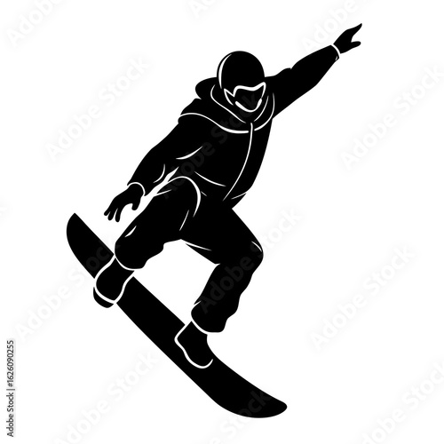 Black snowboarder mid air silhouette white winter