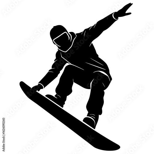 Black snowboarder mid air silhouette white vector