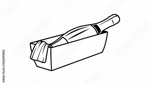 A bottle of champagne resting in an ice bucket with a towel draped over the edge in black and white style