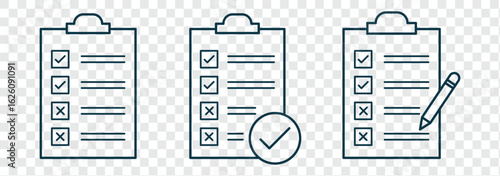clipboard icon set, Containing clipboard with checkmark, document, checkbox. pencil. Clipboard outline icons. Checklist symbol. Editable stroke.  clipboard line icon. clipboard icon with pen. EPS 10. 