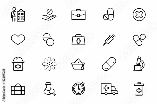 A hospital pharmacy bundle of linear icons focusing on medicine distribution — great for digital health records, app icons, or explainer visuals.