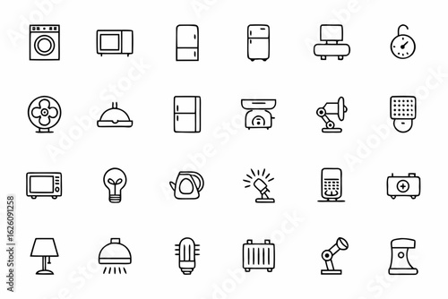 A minimalist icon pack of home appliances and utilities — ideal for smart home interfaces and energy-efficient living graphics.