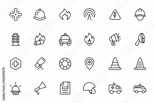 A minimalistic icon bundle covering various types of emergencies and quick-response tools — great for infographics and safety manuals.