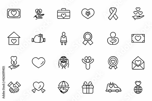 A versatile line-art set combining symbols of philanthropy and social good — suitable for charity apps, campaigns, and educational materials.