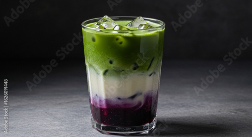 Wallpaper Mural A vibrant layered iced matcha drink with ice cubes, showcasing a gradient of green, white, and purple. Torontodigital.ca