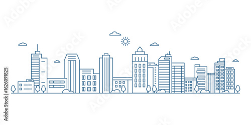 Cityscape. Modern flat line landscape vector. City landscape line art illustration with building, tower, skyscrapers. Vector illustration.