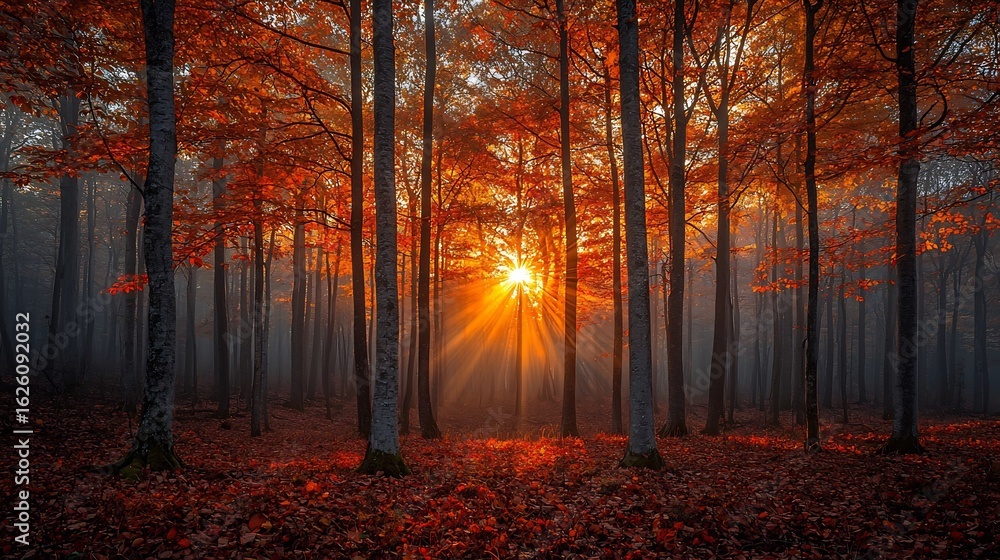 Fototapeta premium Sunlight streaming through autumn trees in a forest with fallen leaves on the ground creating a warm glow