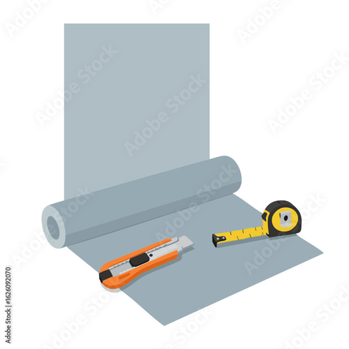 Wallpaper roll and utility knife near wall for redecoration