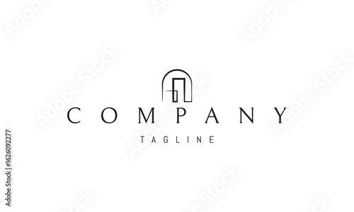 A vector logo featuring an abstract image a building framed inside an arch, combining architectural solidity with symbolic protection and entry.