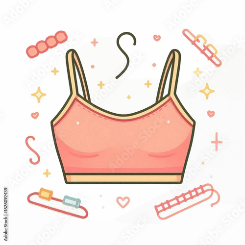 A pink crop top with yellow trim is surrounded by various hair accessories and decorative elements