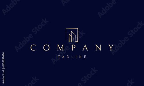 A vector golden logo featuring an abstract image two skyscrapers enclosed within a rectangular frame, symbolizing urban architecture.
