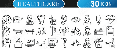 Medical and Healthcare Line Icons Set – Doctor, Hospital, Heart, Tooth, Brain, Nurse, Equipment & More