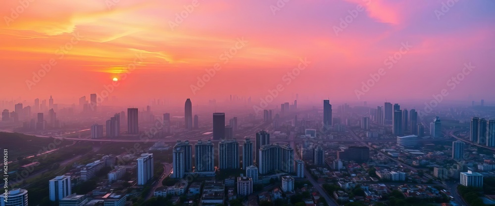 Fototapeta premium Crimson sunrise paints smog-choked Ho Chi Minh City skyline, revealing sprawling urban landscape, industrial, contrast
