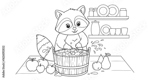 Coloring book A raccoon washes fruits in a bucket with a happy expression in a cozy kitchen on a white background