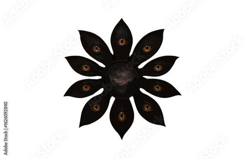 Wallpaper Mural Black petal bloom with brown eyes evokes a dark floral design. Ideal for horror brand assets, video backgrounds, and themed social media. Torontodigital.ca