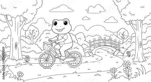 Coloring book funny frog rides a bike with a cheerful expression in a picturesque park on a white background