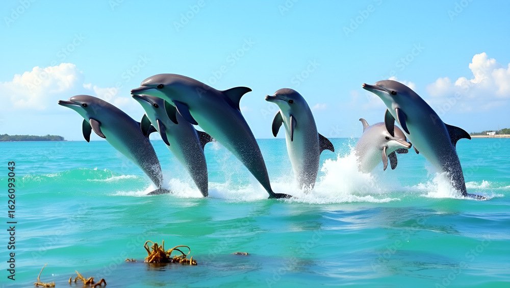 Obraz premium Multiple dolphins leaping gracefully from the sparkling sea under a clear sky