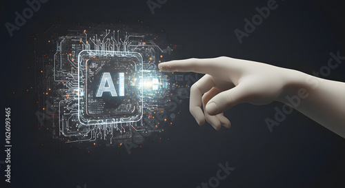 Human hand approaching AI circuit glowing with energy, representing collaboration between humans and artificial intelligence.