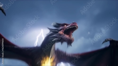 Majestic Fire Dragon Soars Through Stormy Skies: Epic 3D Animation